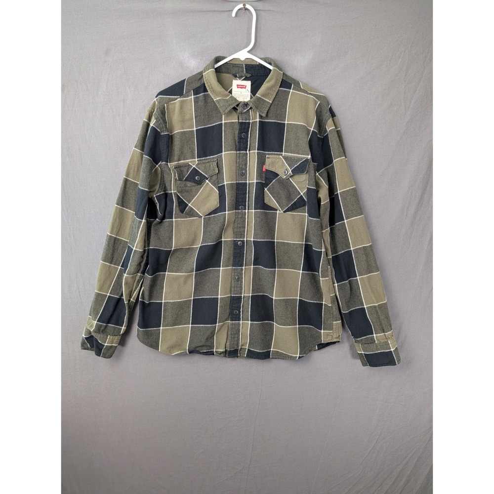 Levi Strauss Mens XL Plaid Flannel Button Down Shirt Olive Black